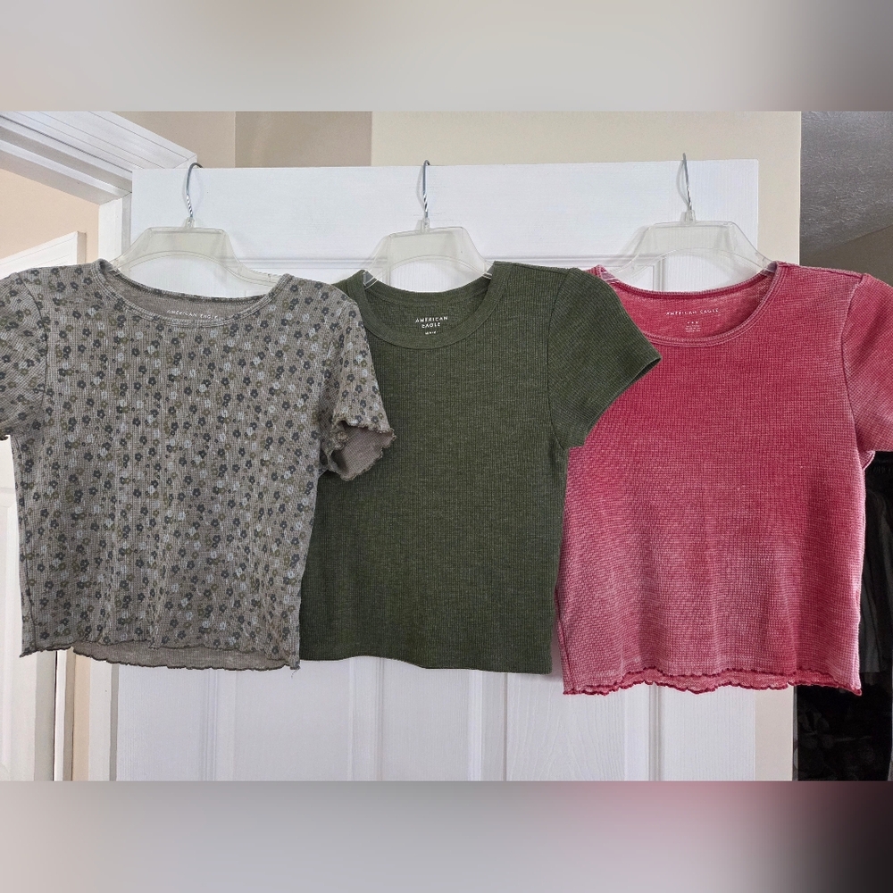 American Eagle Outfitters Floral, Green, and Pink Crop Tops Qty 3 Medium